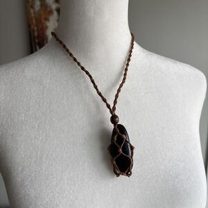 Handmade‎ Zen River Stone Macrame Necklace - Polished Black Grounding Stone New